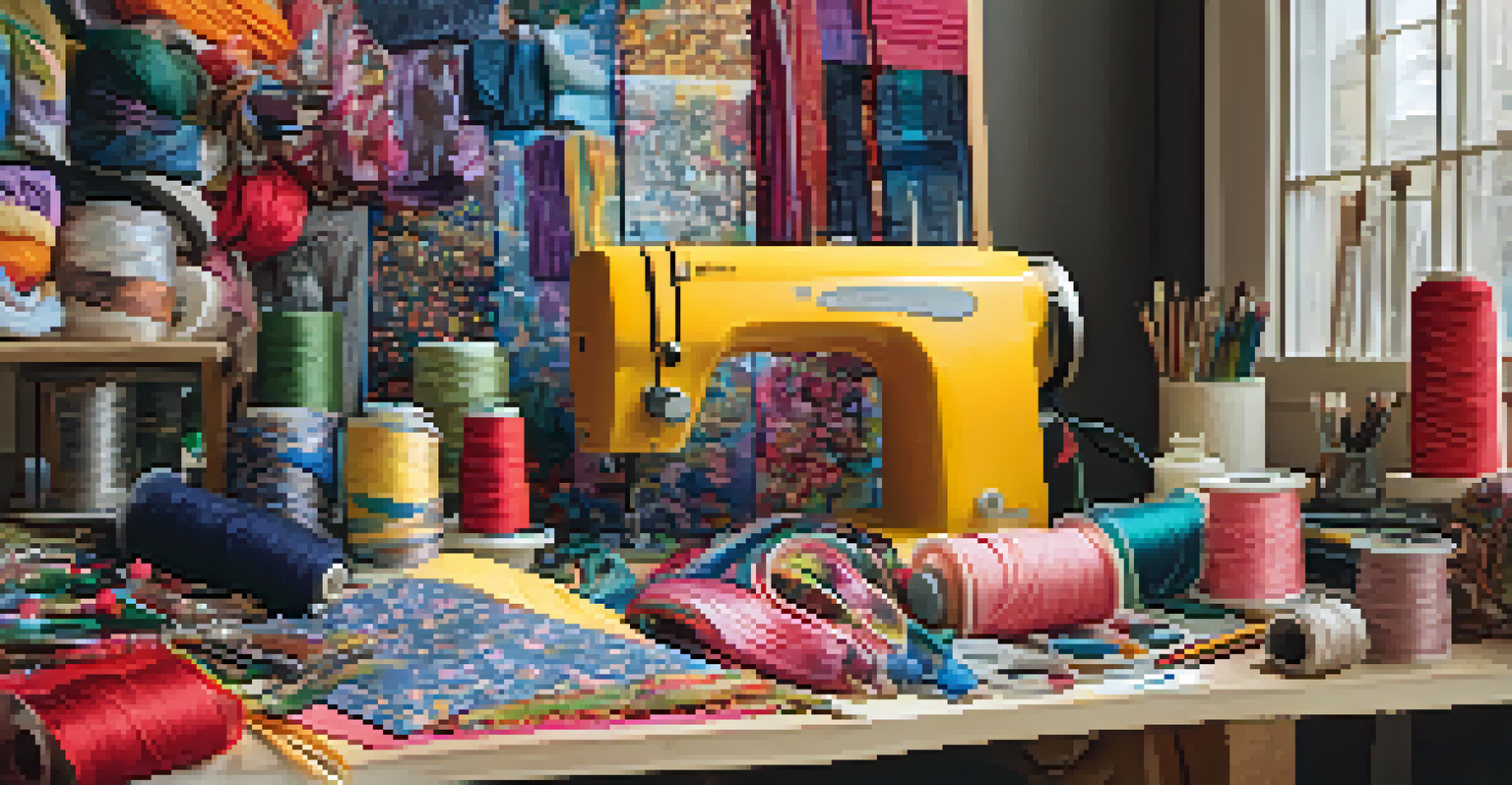 A creative workspace showcasing various upcycled fashion accessories, a sewing machine, and colorful threads, illuminated by warm light.