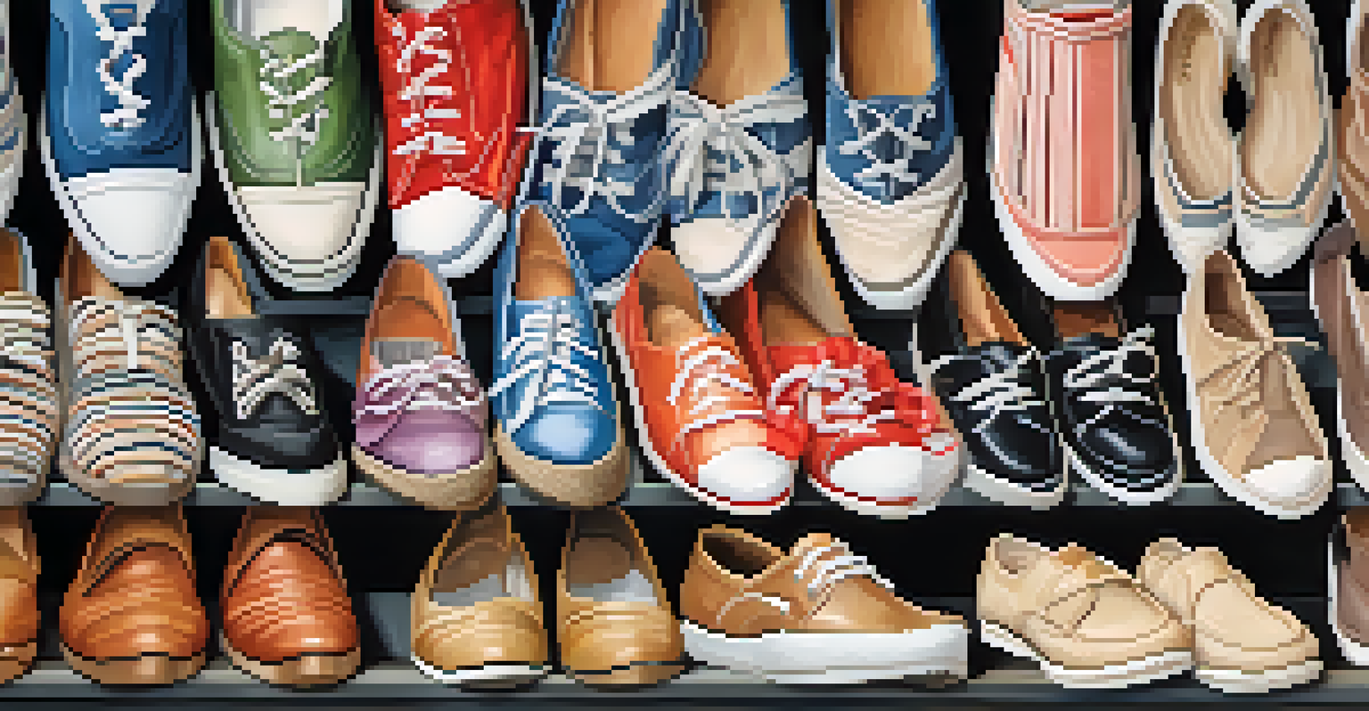 A close-up view of comfortable shoes for older adults, displaying cushioned sneakers and loafers in a variety of colors and patterns on a soft fabric background.
