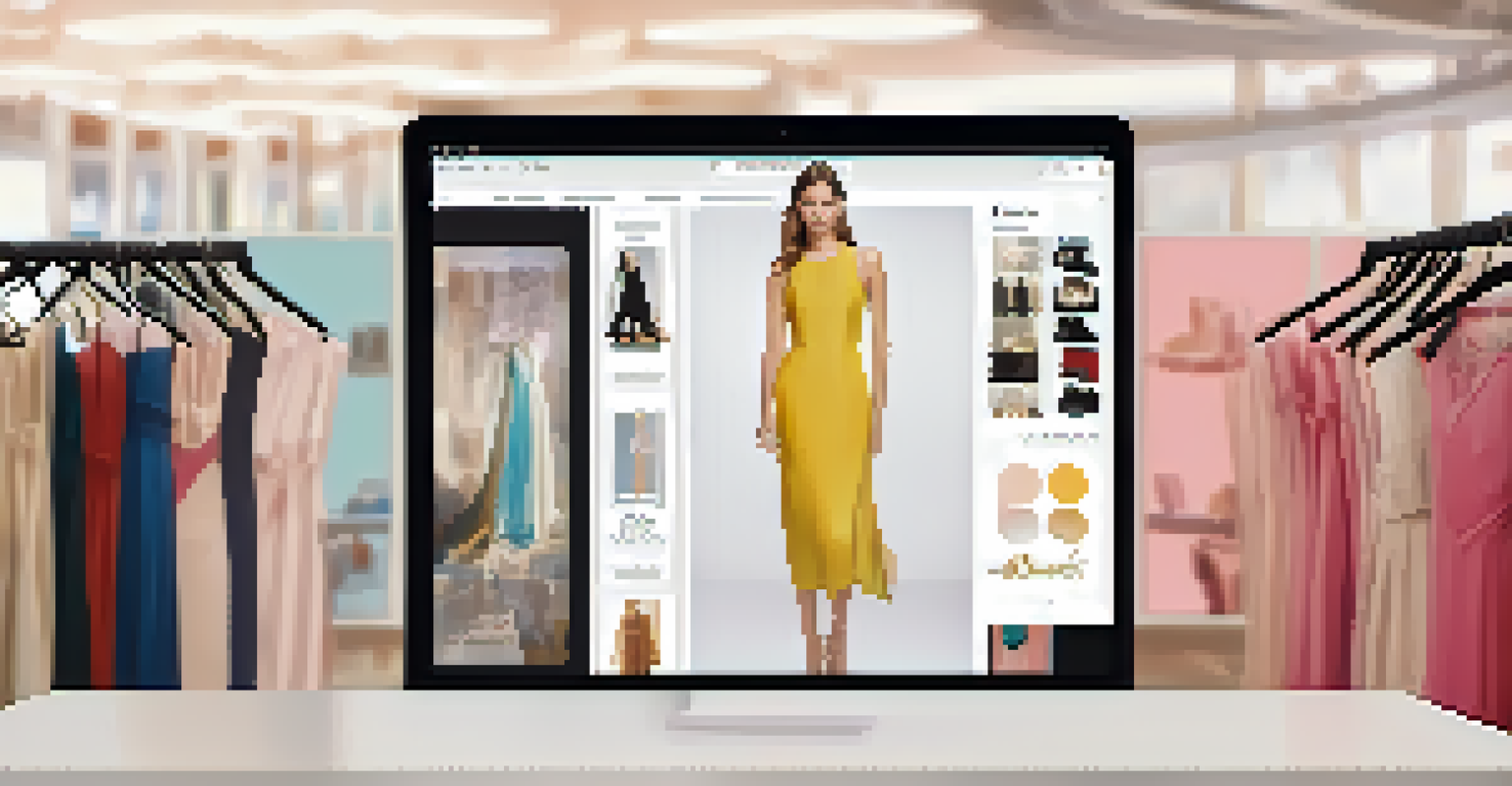 A close-up of a computer screen showing a virtual try-on feature for a dress on a fashion website.