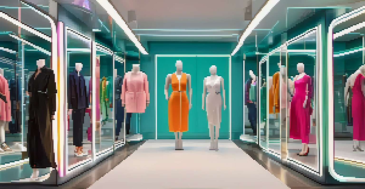 A futuristic virtual fitting room with diverse consumers trying on clothes, showcasing the evolution of fashion representation.