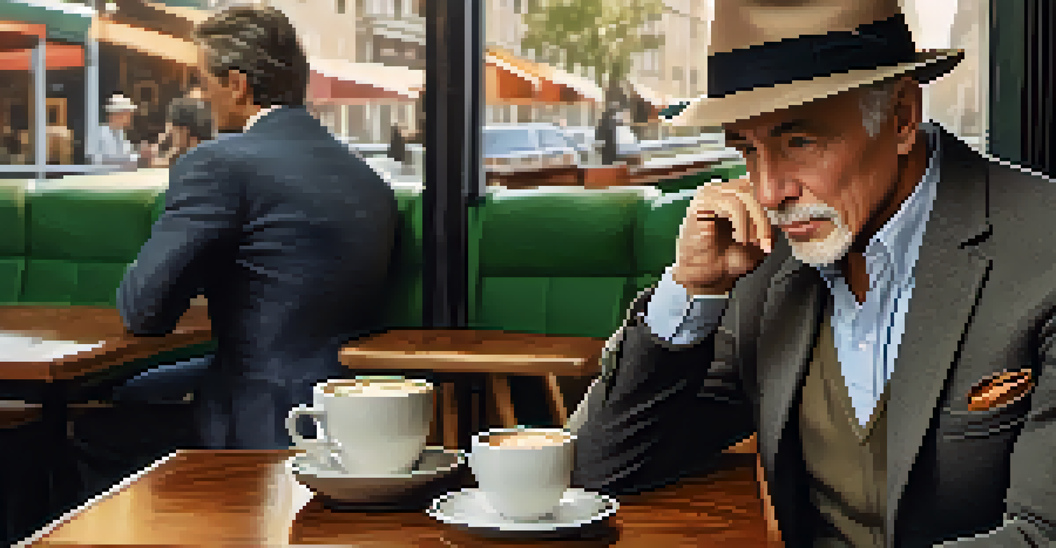 An older man in a tailored blazer and fedora, sitting at a café table with a coffee, radiating confidence.