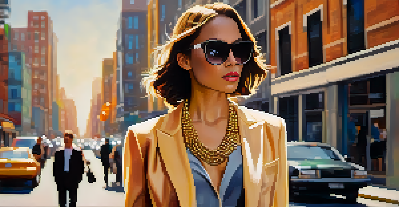 A confident woman in a tailored blazer and bold accessories, standing in a busy city street with a warm sunlight glow.