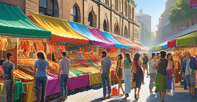 A lively street market with colorful clothing stalls and shoppers browsing for trendy fashion items under soft sunlight.