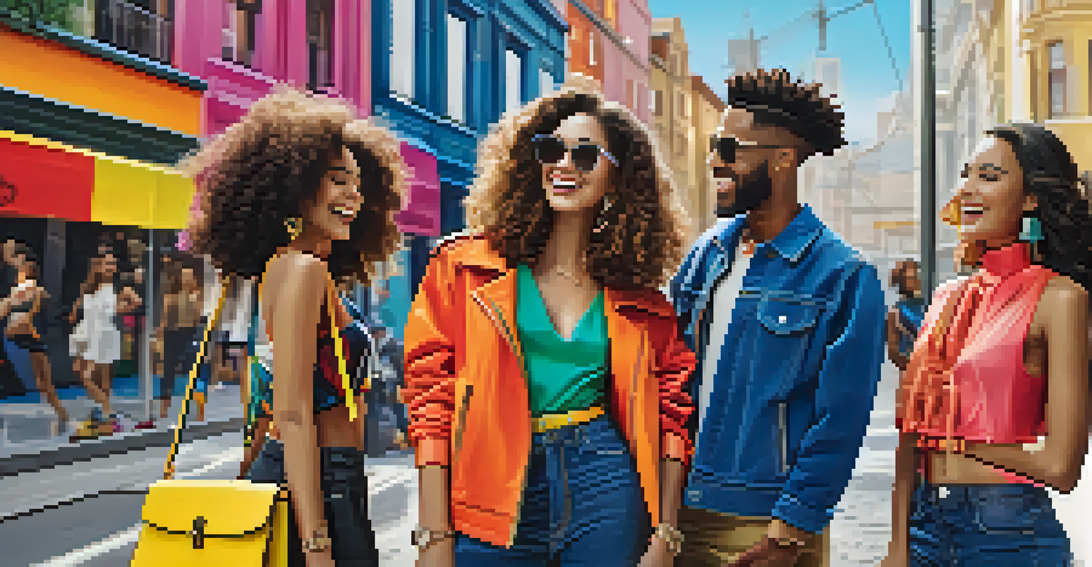 A vibrant digital advertisement featuring diverse models in stylish outfits, interacting in an urban environment with street art in the background.