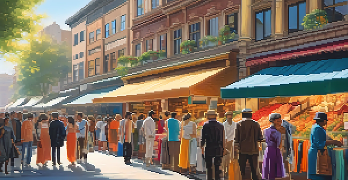 A lively market filled with colorful clothing stalls and shoppers, illuminated by warm sunlight.