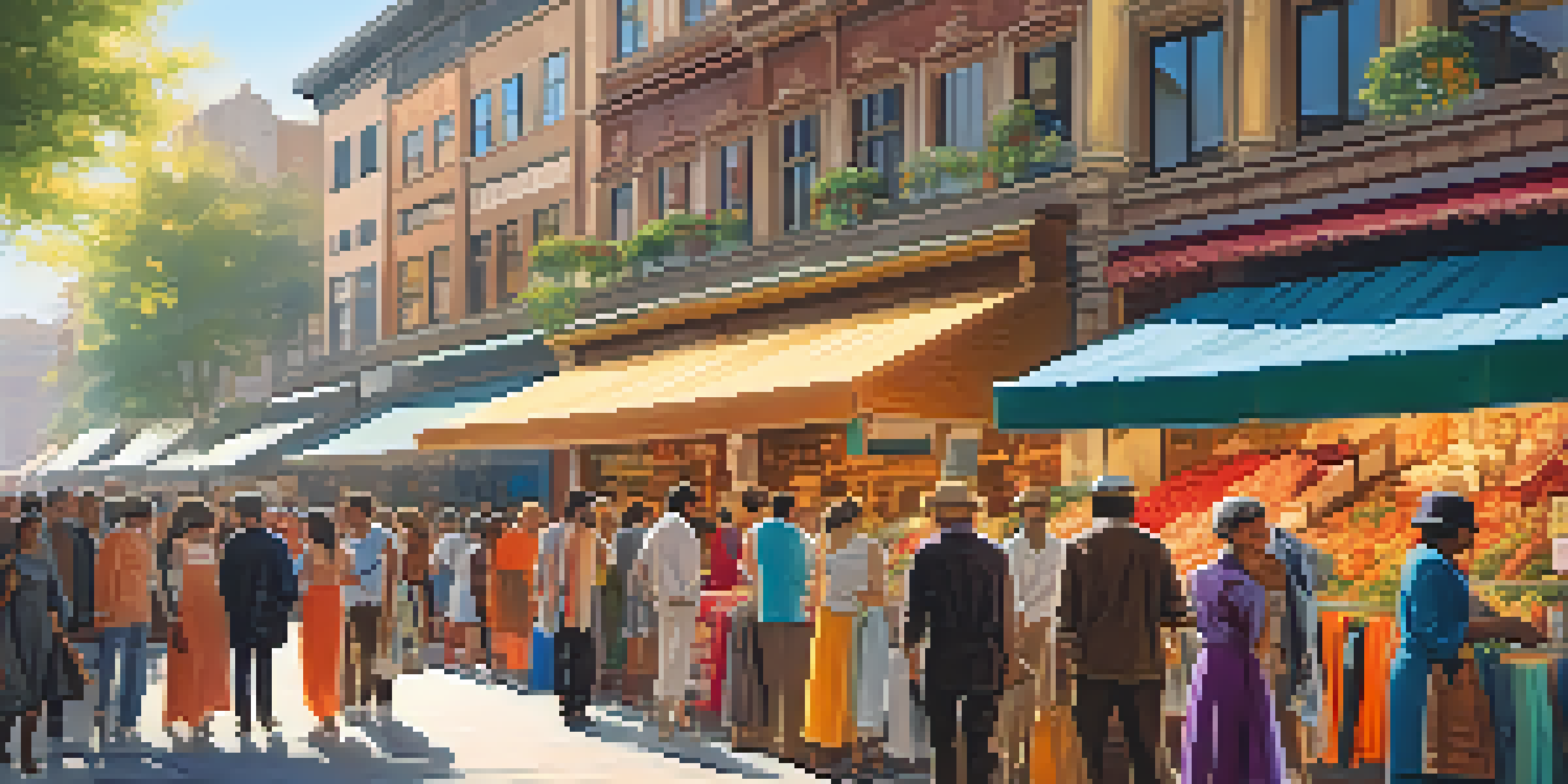 A lively market filled with colorful clothing stalls and shoppers, illuminated by warm sunlight.
