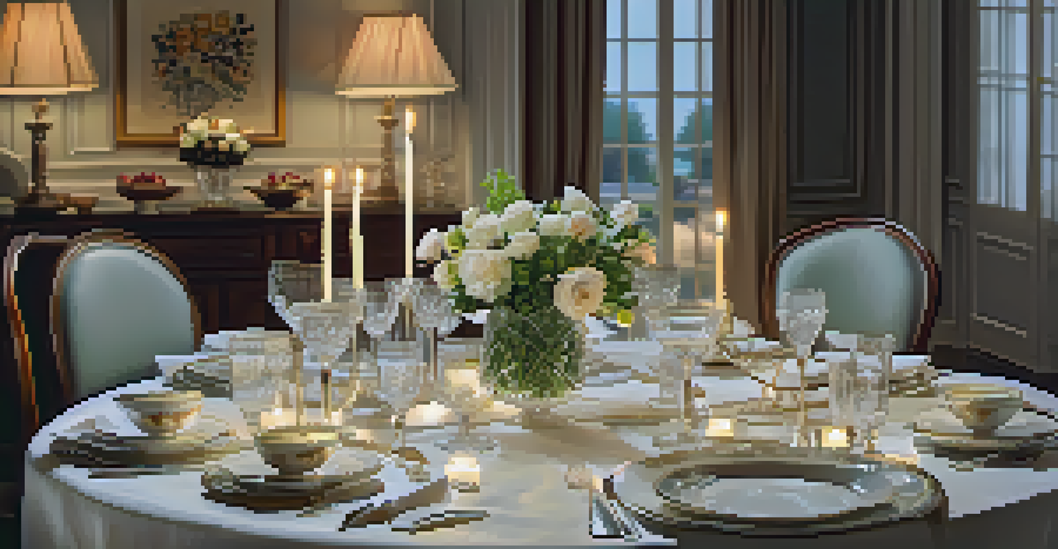 A beautifully set dining table for a dinner party with fine china, candles, and a floral centerpiece.