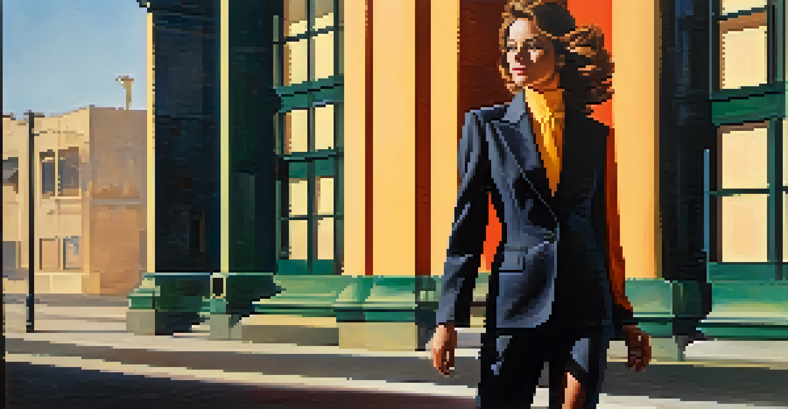 A confident woman wearing a bold 1970s power suit, standing in an urban environment with soft sunlight casting a warm glow.