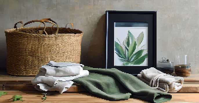A close-up of a sustainable fashion outfit on a wooden table, with eco-friendly accessories and potted plants, illuminated by soft natural light.