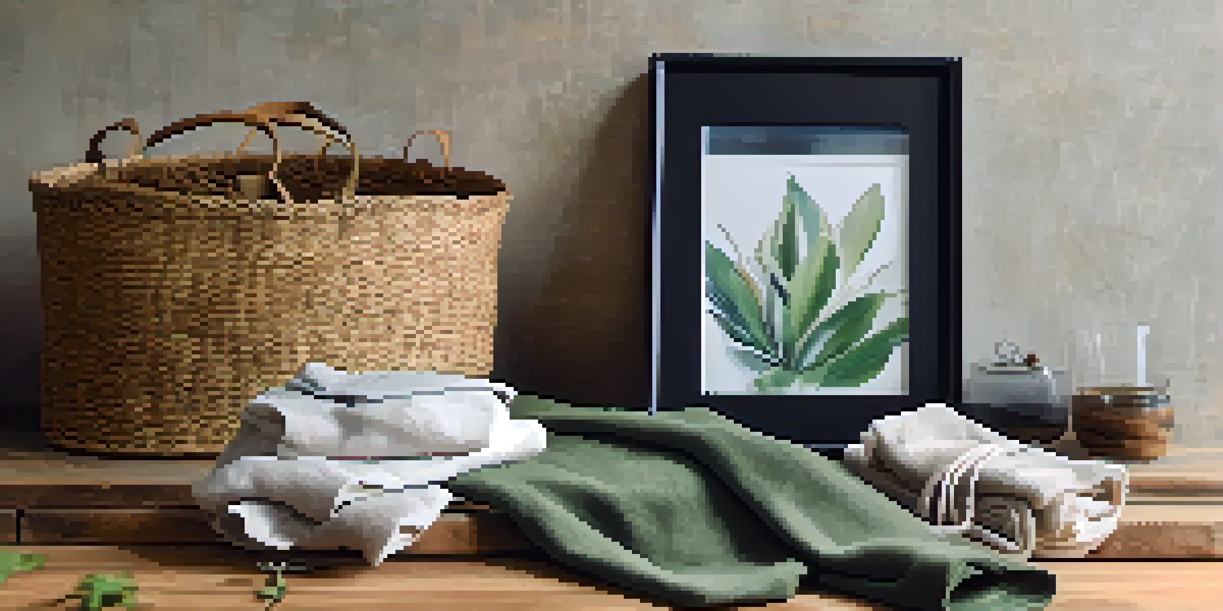 A close-up of a sustainable fashion outfit on a wooden table, with eco-friendly accessories and potted plants, illuminated by soft natural light.