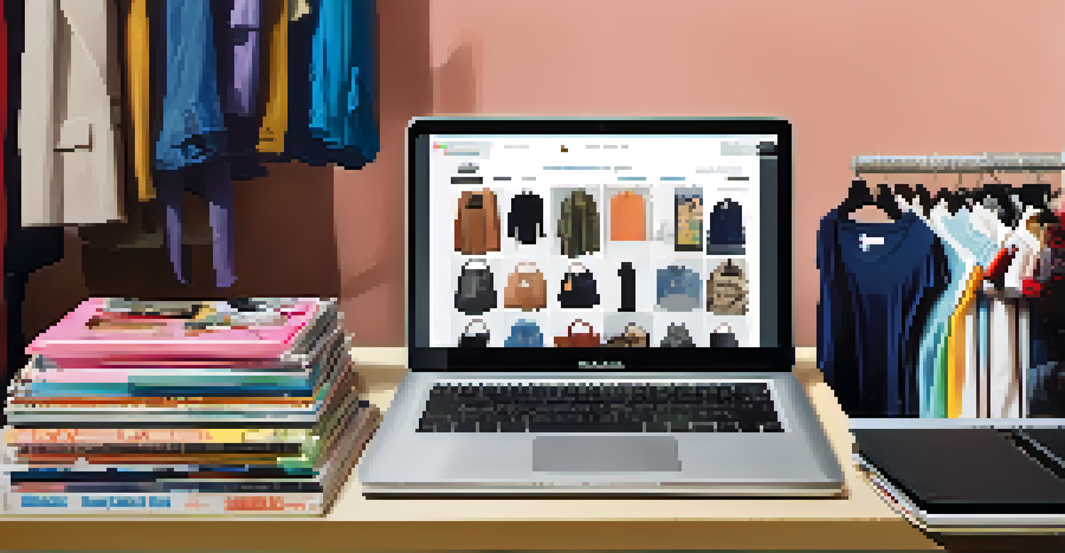 A cozy desk setup with a laptop displaying second-hand clothing for sale, surrounded by fashion magazines and a cup of coffee.
