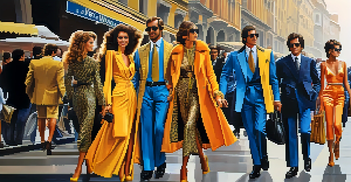 A lively street in Milan during the 1970s, filled with fashionable individuals, historic buildings, and warm lighting, reflecting the vibrant fashion scene.