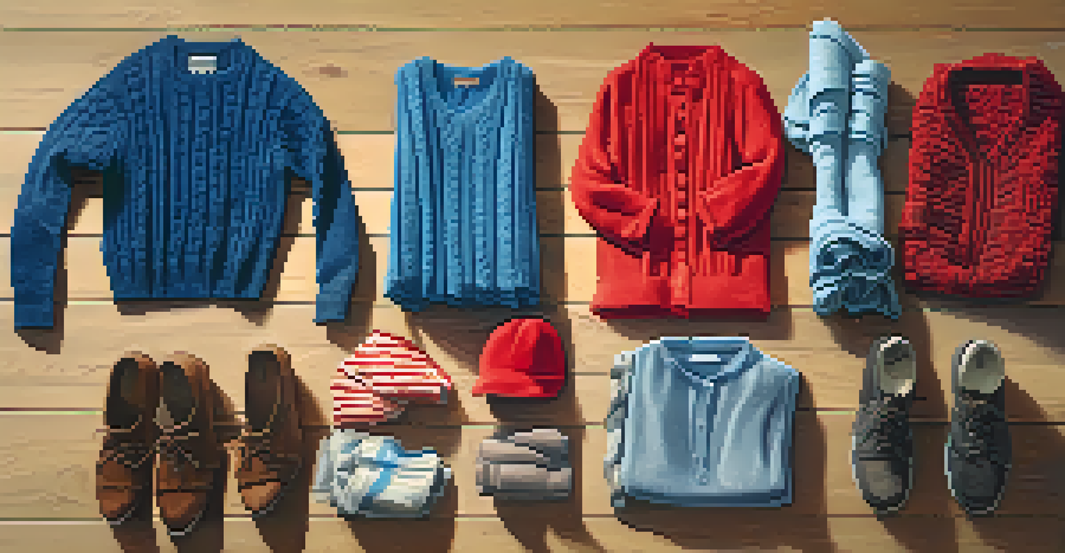 A flat lay of colorful clothing items on a wooden floor, featuring a red dress, blue sweater, and earthy accessories, illuminated by sunlight.