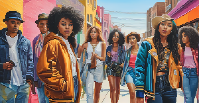 A lively street scene with diverse young individuals in unique fashion styles against colorful murals.