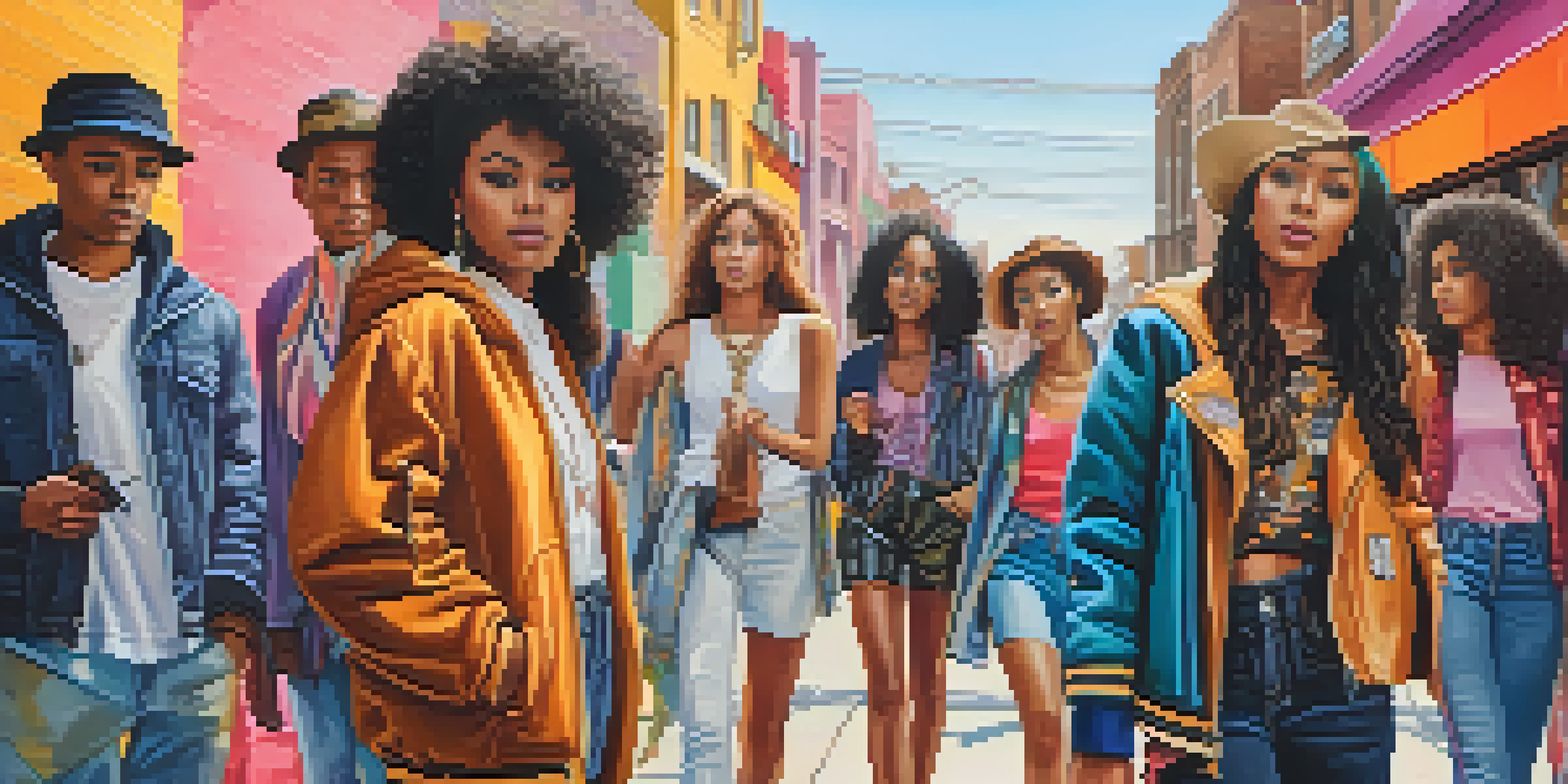 A lively street scene with diverse young individuals in unique fashion styles against colorful murals.