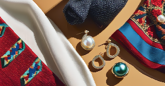 A colorful arrangement of fashion accessories including a red scarf, pearl earrings, and a patterned handbag on a wooden table with a succulent plant.