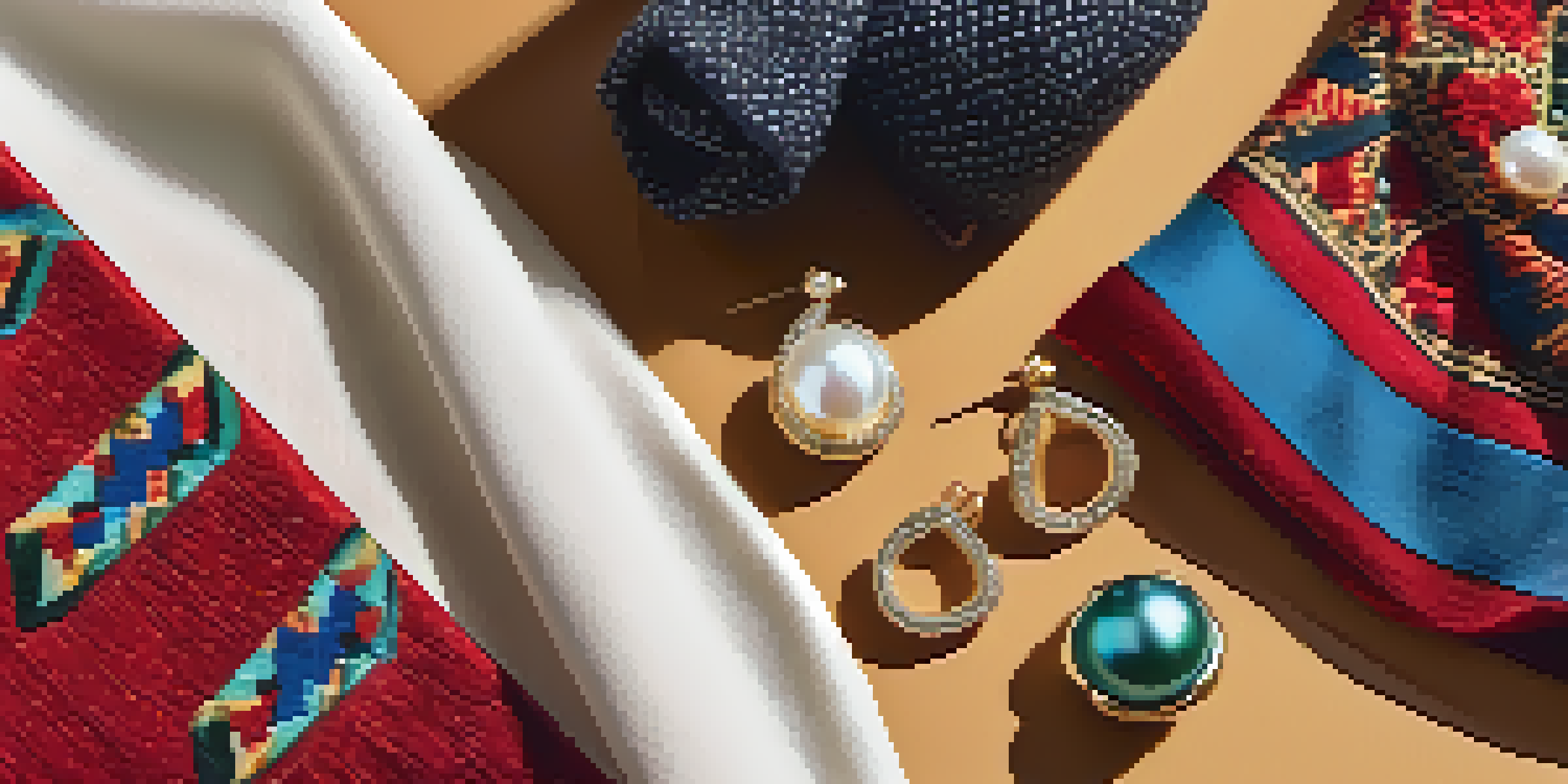 A colorful arrangement of fashion accessories including a red scarf, pearl earrings, and a patterned handbag on a wooden table with a succulent plant.