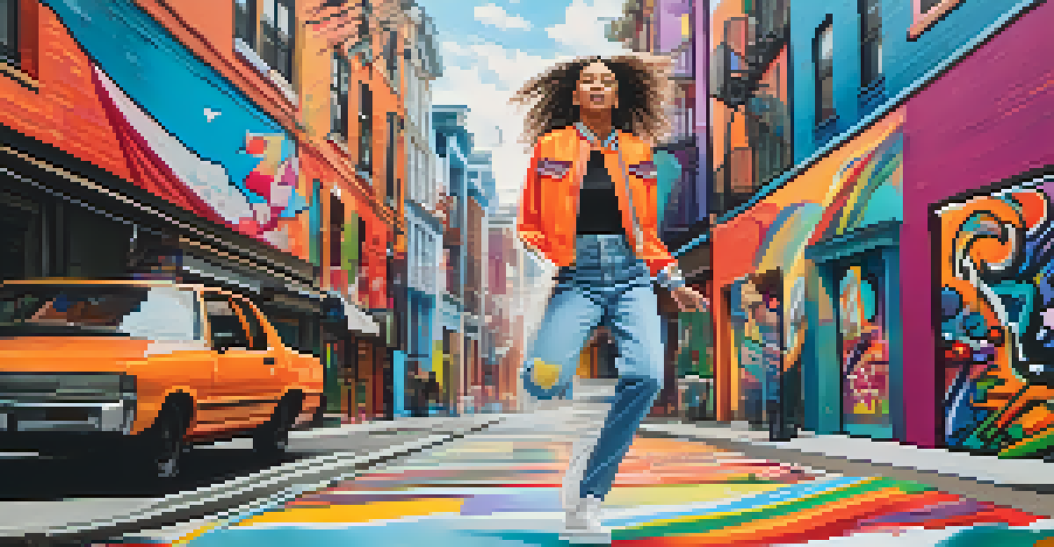 A model in motion in a colorful cityscape, showcasing a trendy outfit with a playful pose, inspired by TikTok culture.