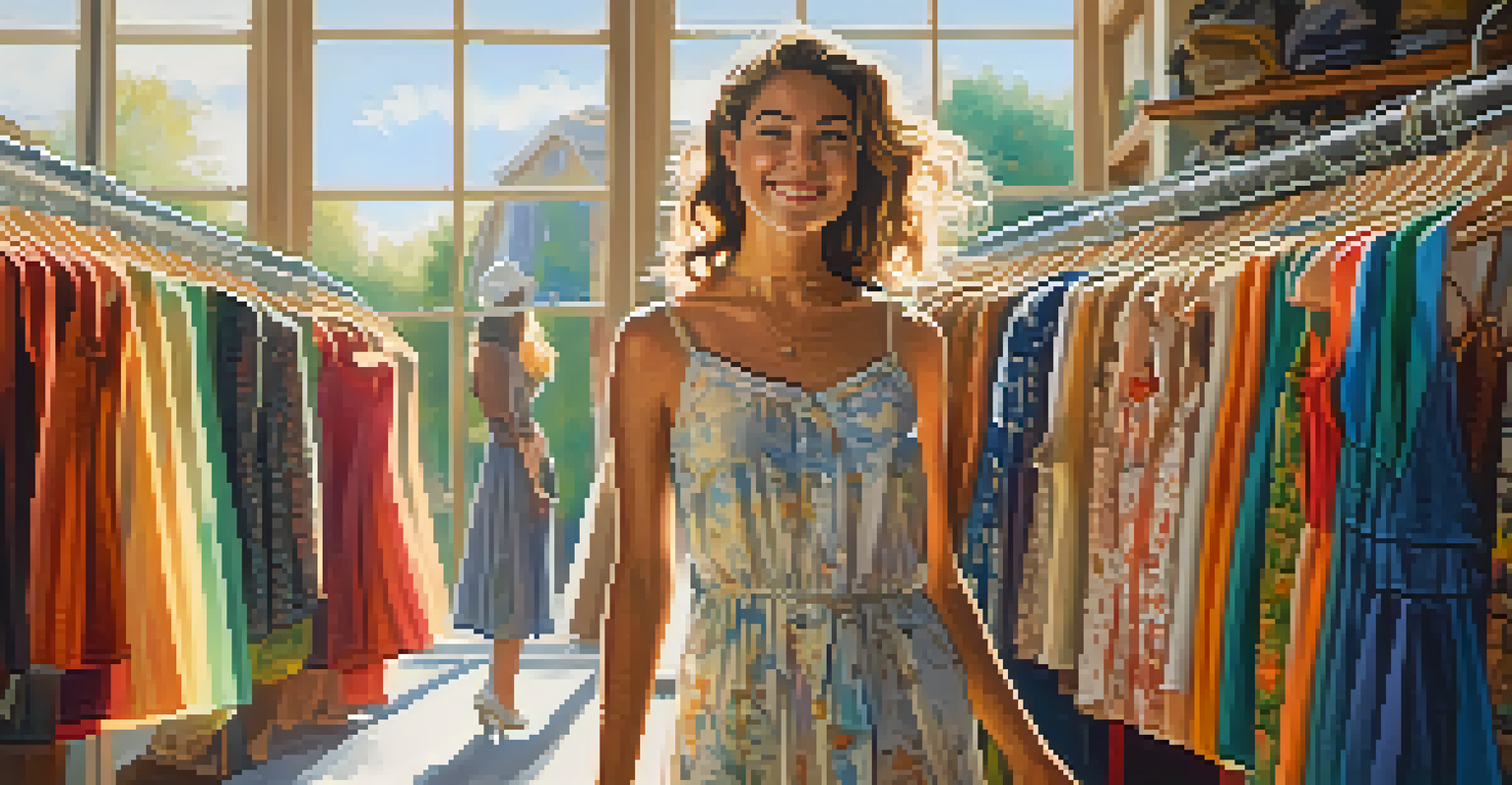 A young woman joyfully browsing vintage dresses in a sunlit thrift shop.