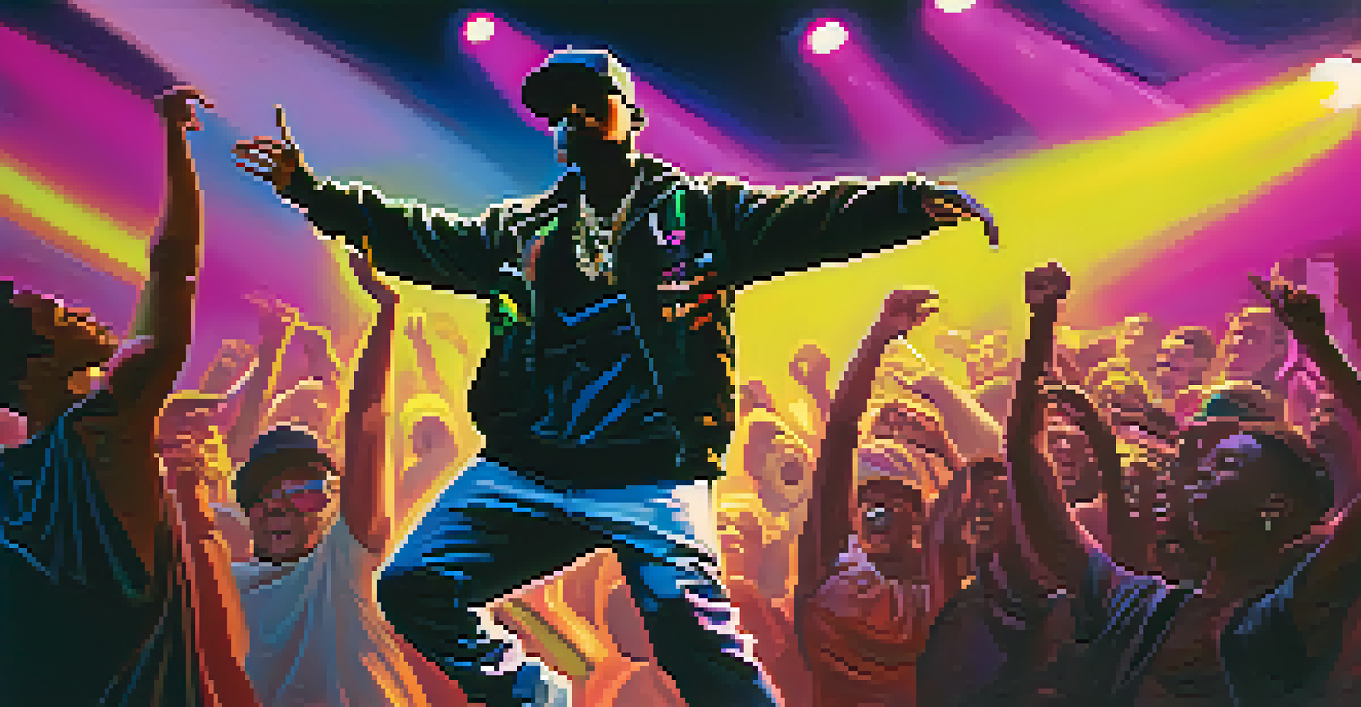 A modern hip-hop artist performing on stage in streetwear, illuminated by colorful lights with a cheering crowd in the background.