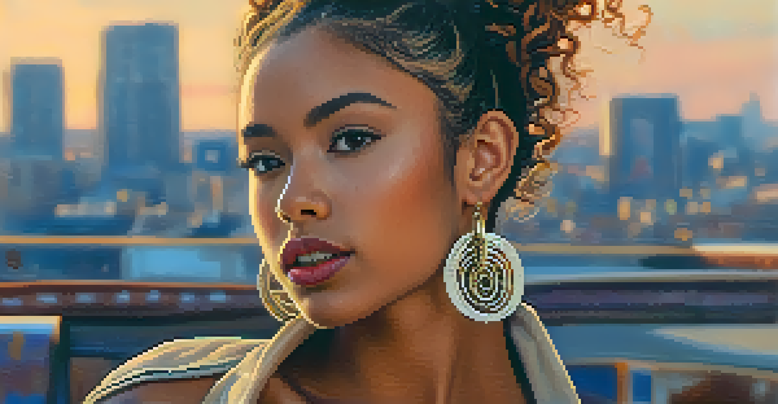 A close-up portrait of a young woman in 2000s fashion, featuring butterfly clips and a crop top, with a blurred city background in warm light.