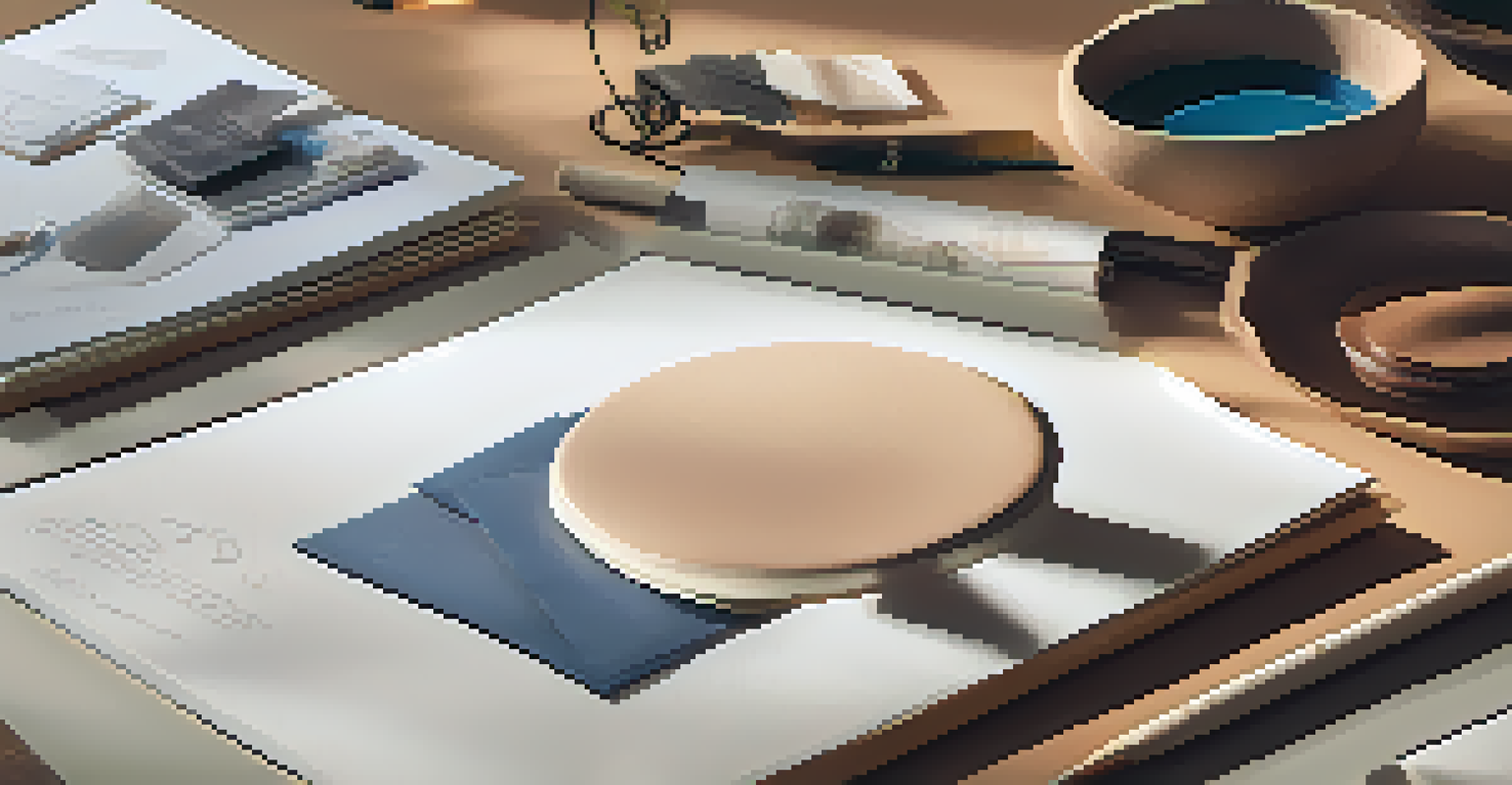 A table with innovative sustainable materials like lab-grown leather and biodegradable fabrics, surrounded by sketches and warm lighting.