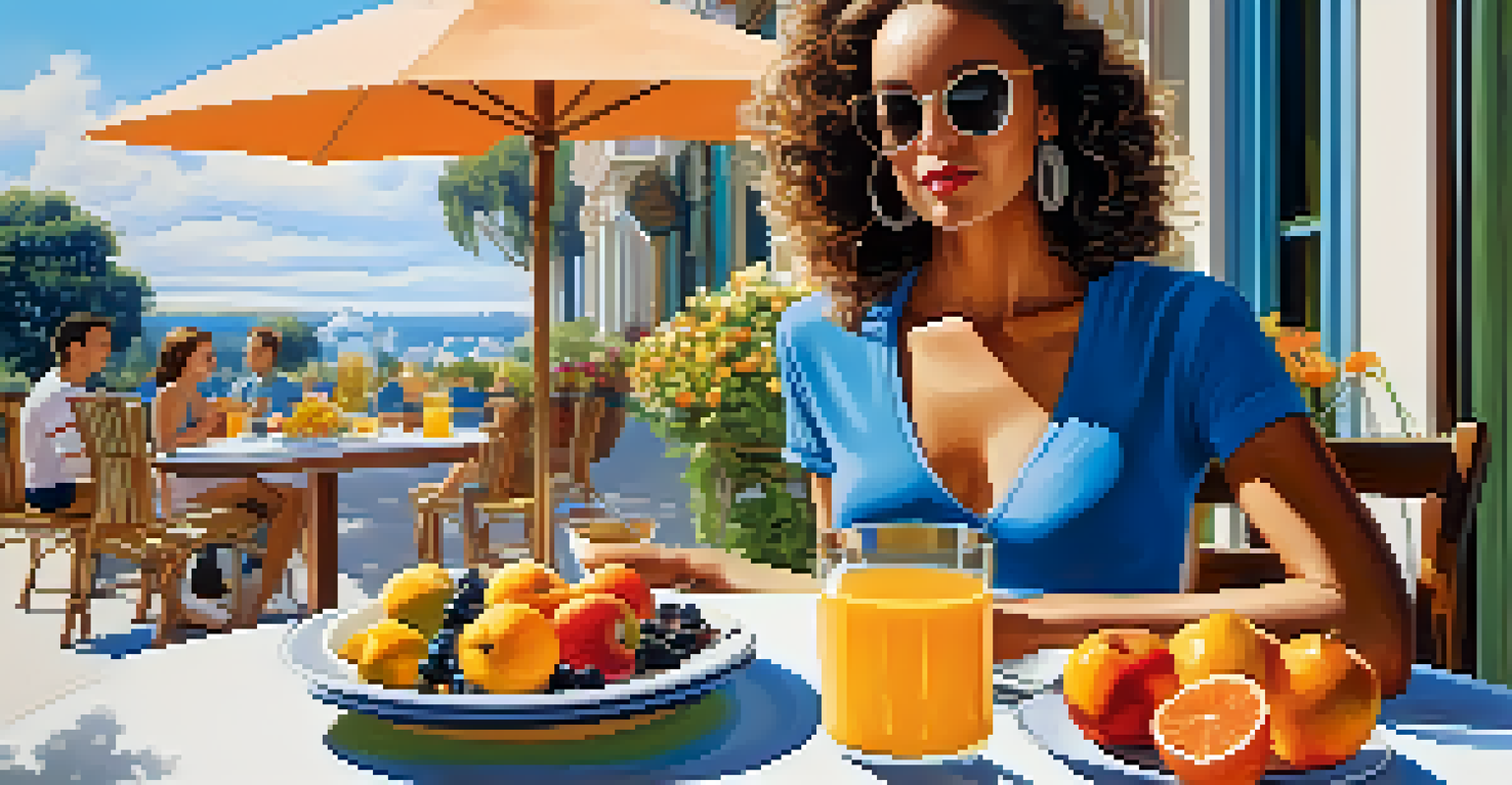 A woman in stylish activewear enjoying brunch outdoors, surrounded by fresh fruits and flowers under a bright blue sky.