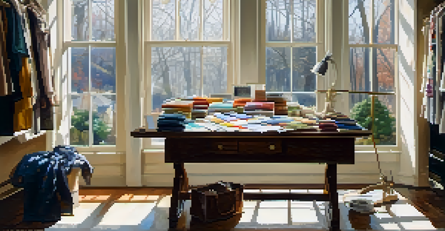 A costume designer's workspace with fabric swatches and sketches under natural light.