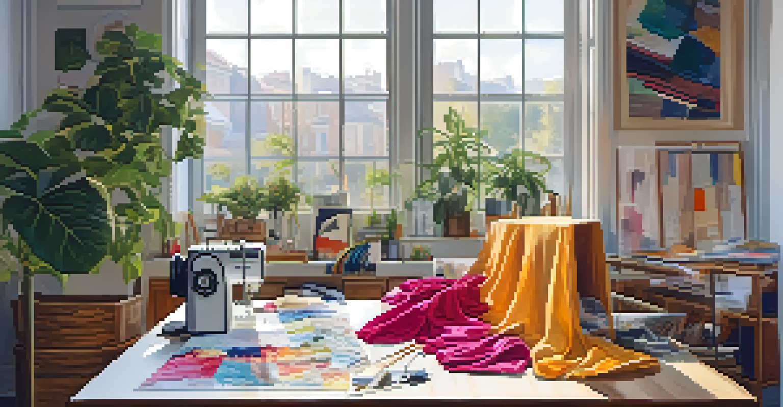 A fashion designer's workspace filled with colorful fabric swatches, sketches, and a sewing machine, illuminated by natural light.