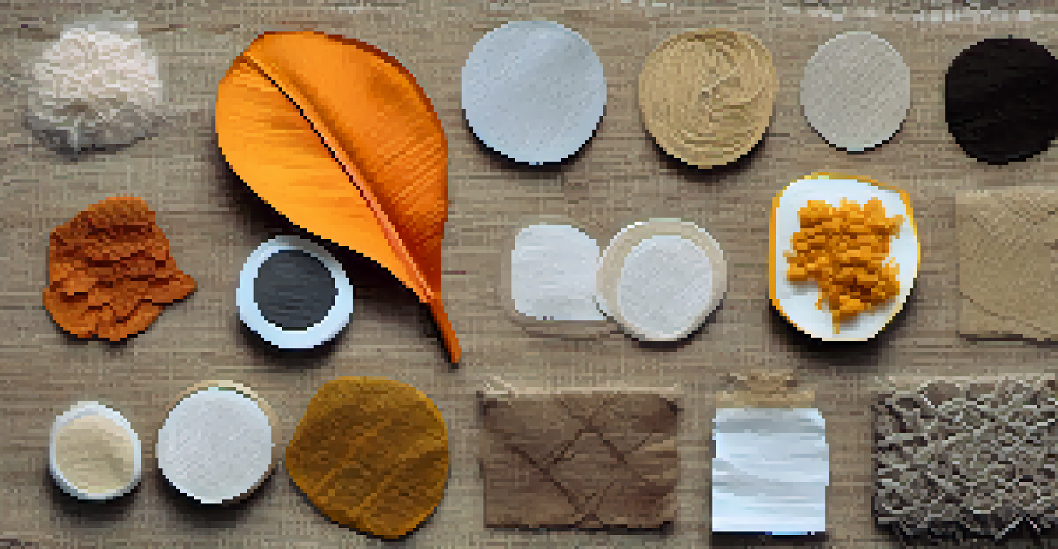 A flat lay of various biodegradable textile samples on a burlap background, showcasing unique textures from banana fibers, orange peels, and mycelium.