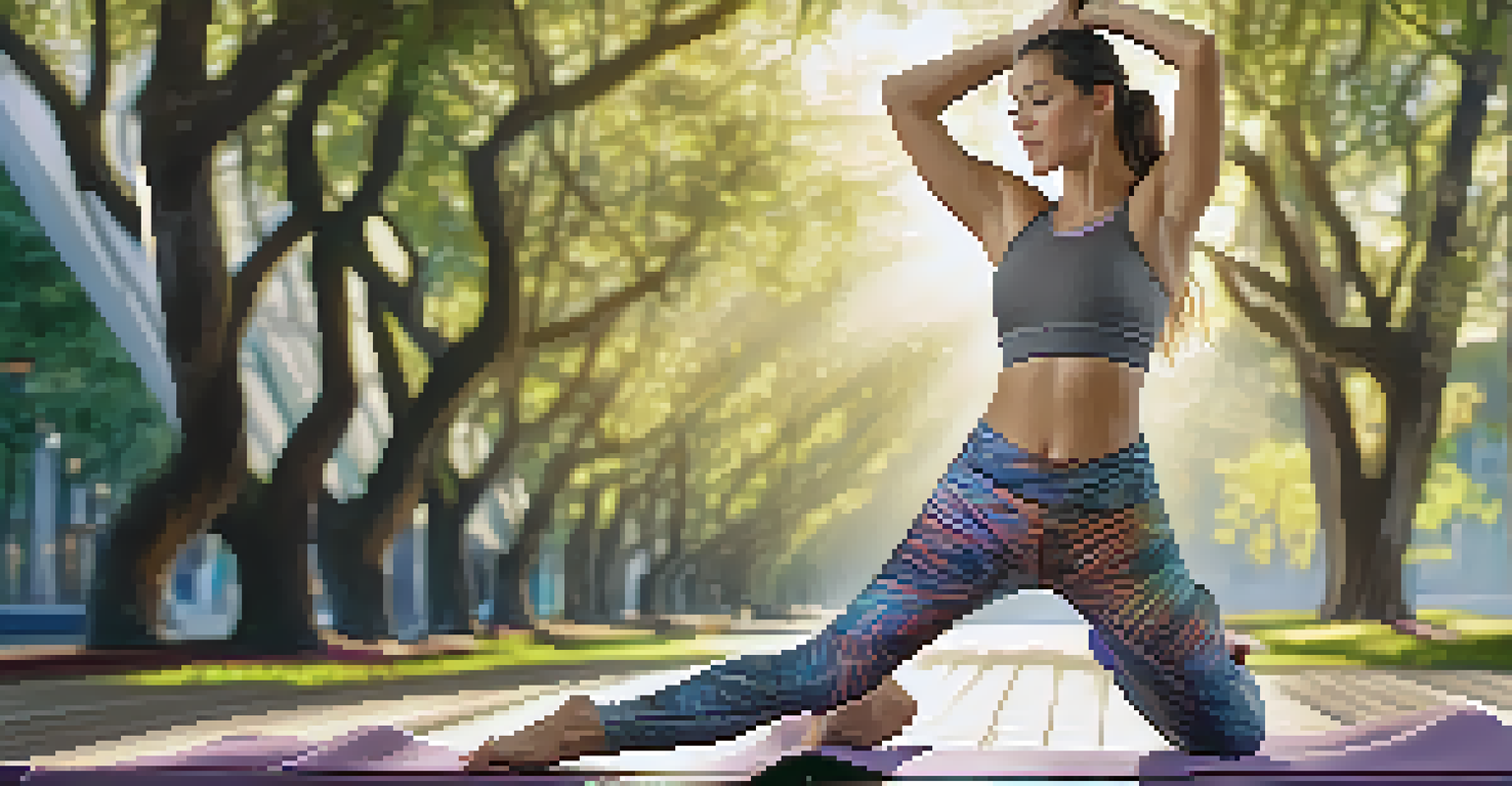 A person practicing yoga outdoors in smart yoga pants that change patterns and colors, with a park setting in the background.