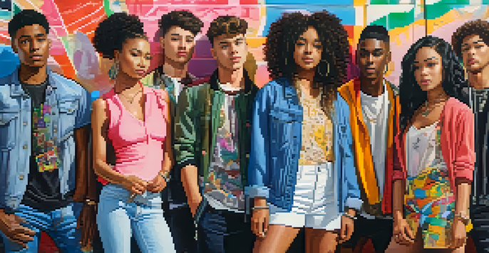 A diverse group of young adults in unique fashion styles against a colorful urban backdrop.