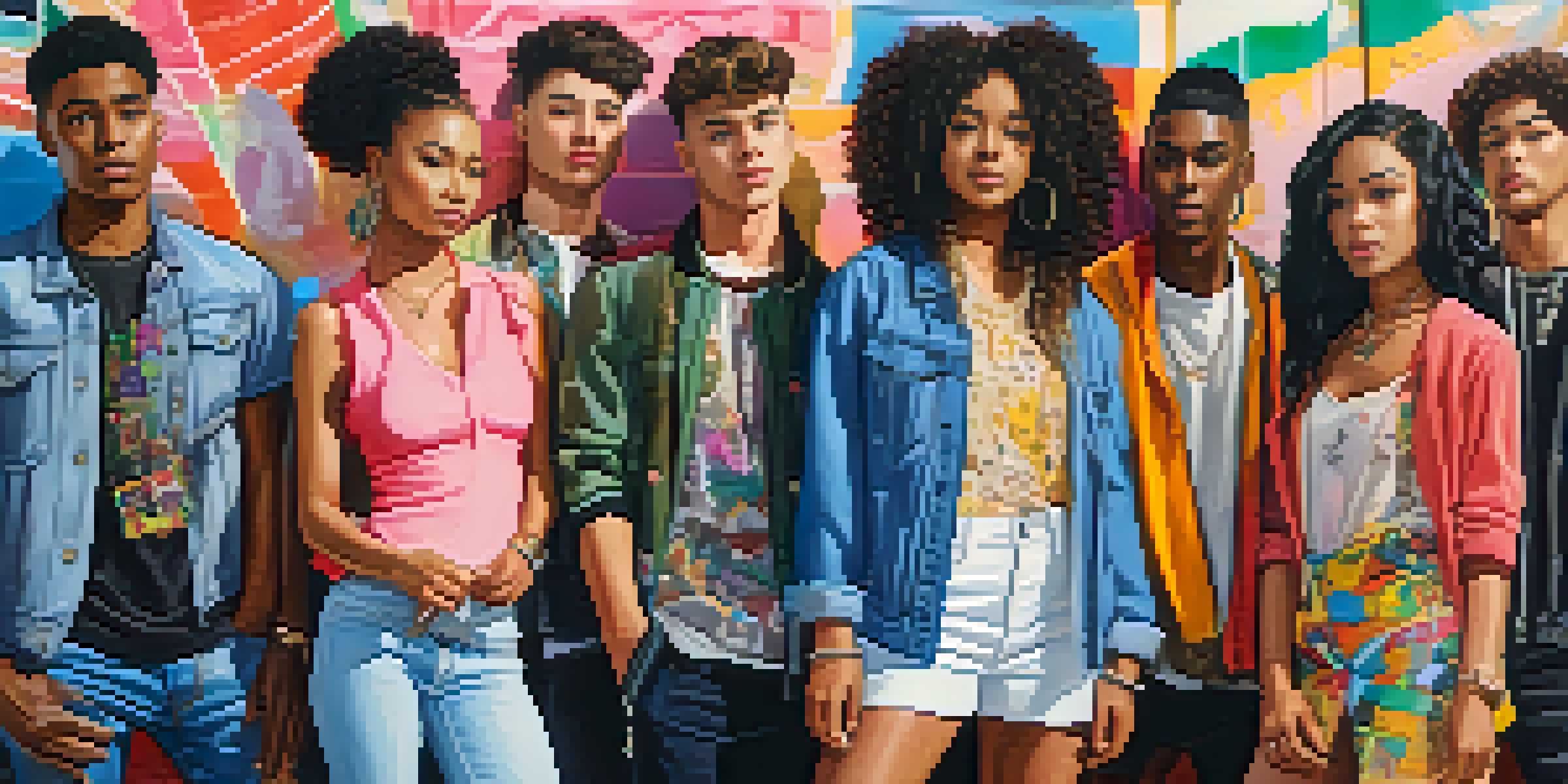 A diverse group of young adults in unique fashion styles against a colorful urban backdrop.