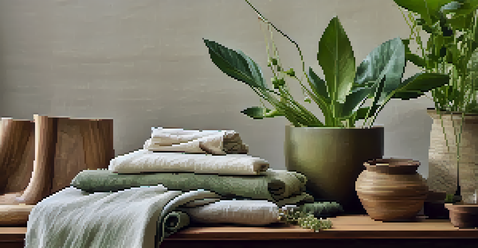 An artistic arrangement of eco-friendly fabrics in natural colors on a wooden table, with soft sunlight illuminating the textures.