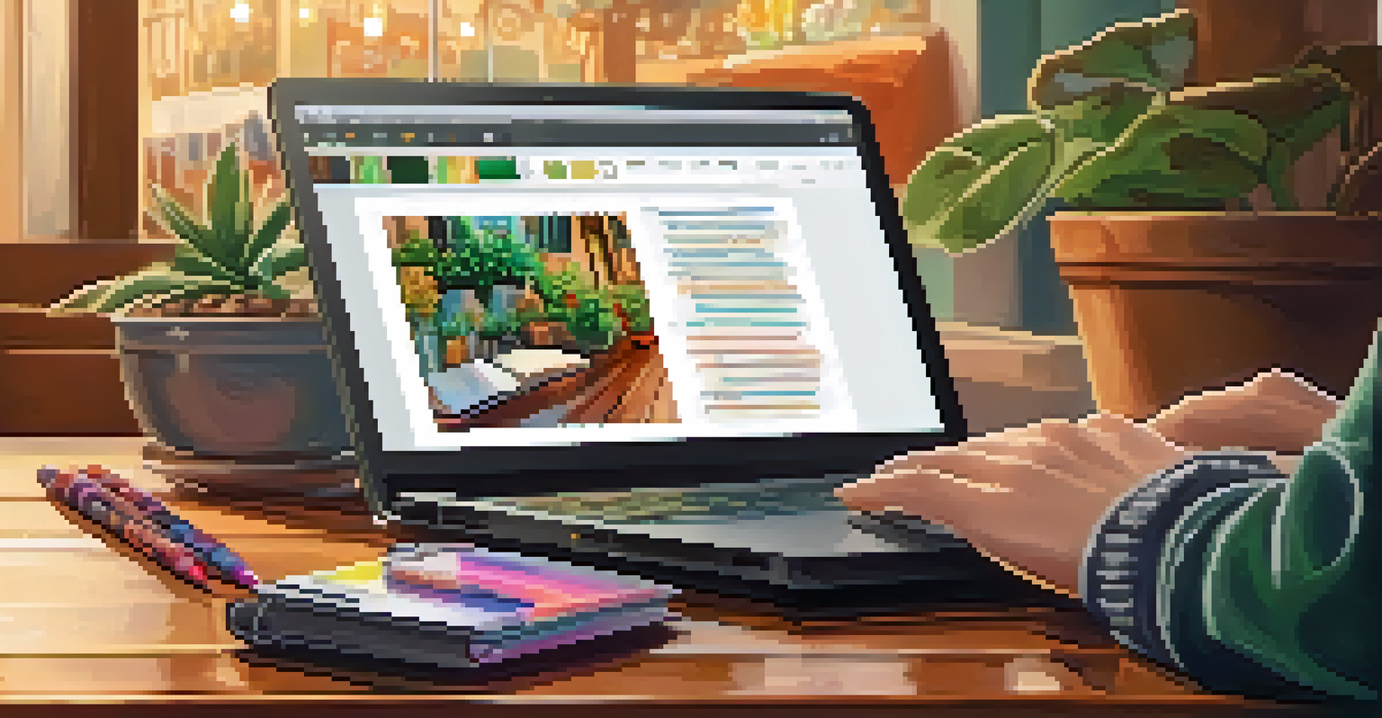 A close-up of hands typing on a laptop with a notebook and colorful pens in a cozy cafe.