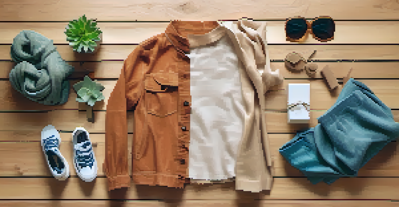 A flat lay of a sustainable fashion outfit with eco-friendly clothing, stylish accessories, and a plant, all illuminated by soft natural light.