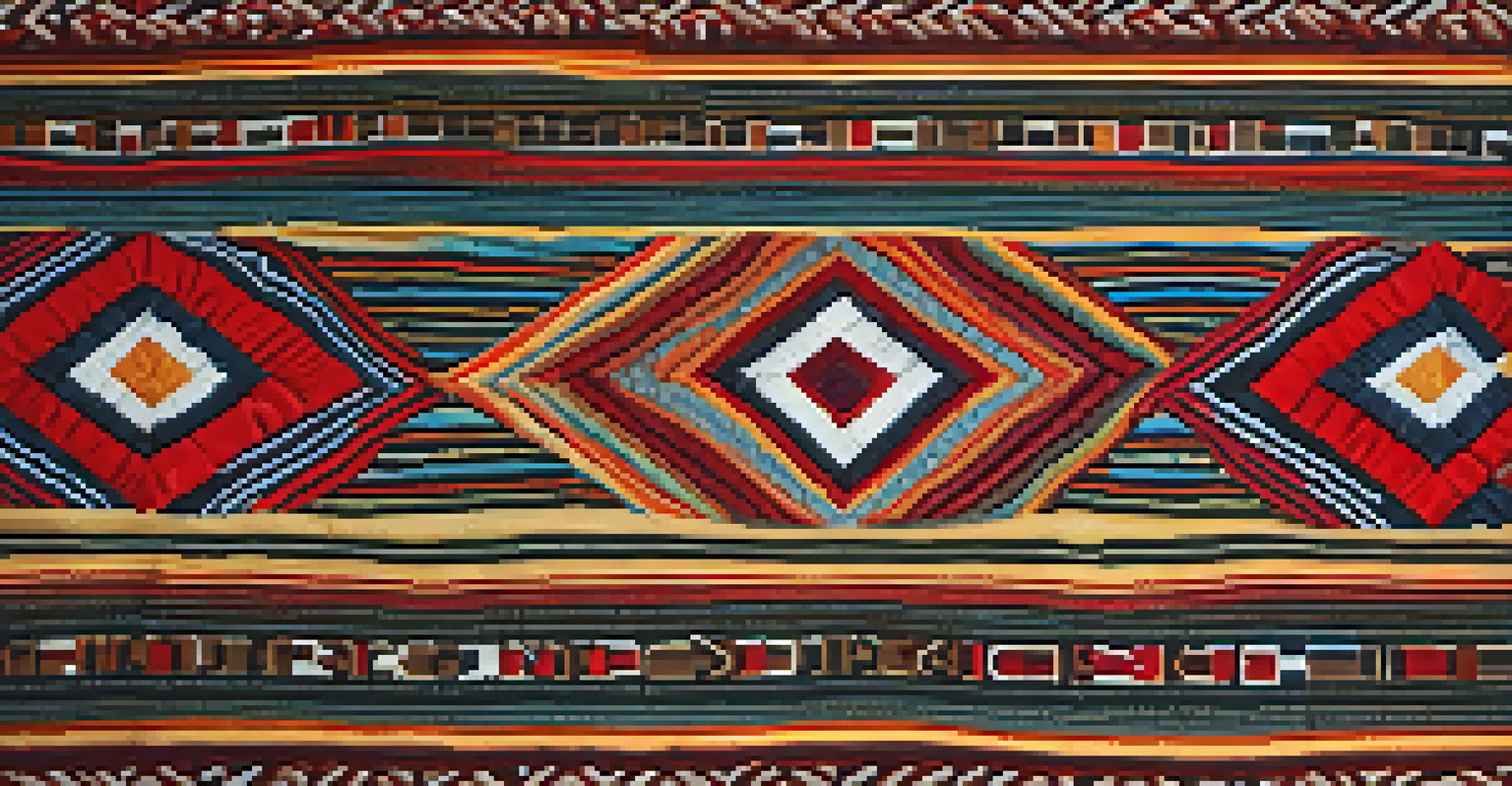 A detailed close-up of a woven textile displaying traditional patterns, with a soft background focus.