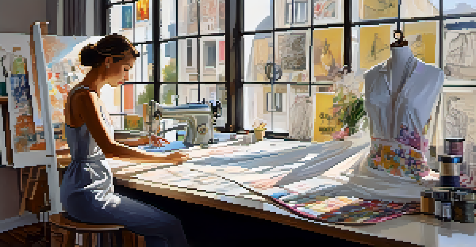 A fashion designer in a modern studio, surrounded by sketches and fabric swatches, working on a new garment.