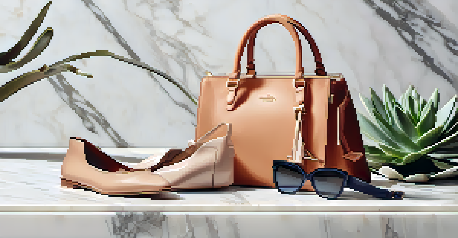 Flat lay arrangement of a handbag, sunglasses, and shoes on a marble surface with a succulent plant.