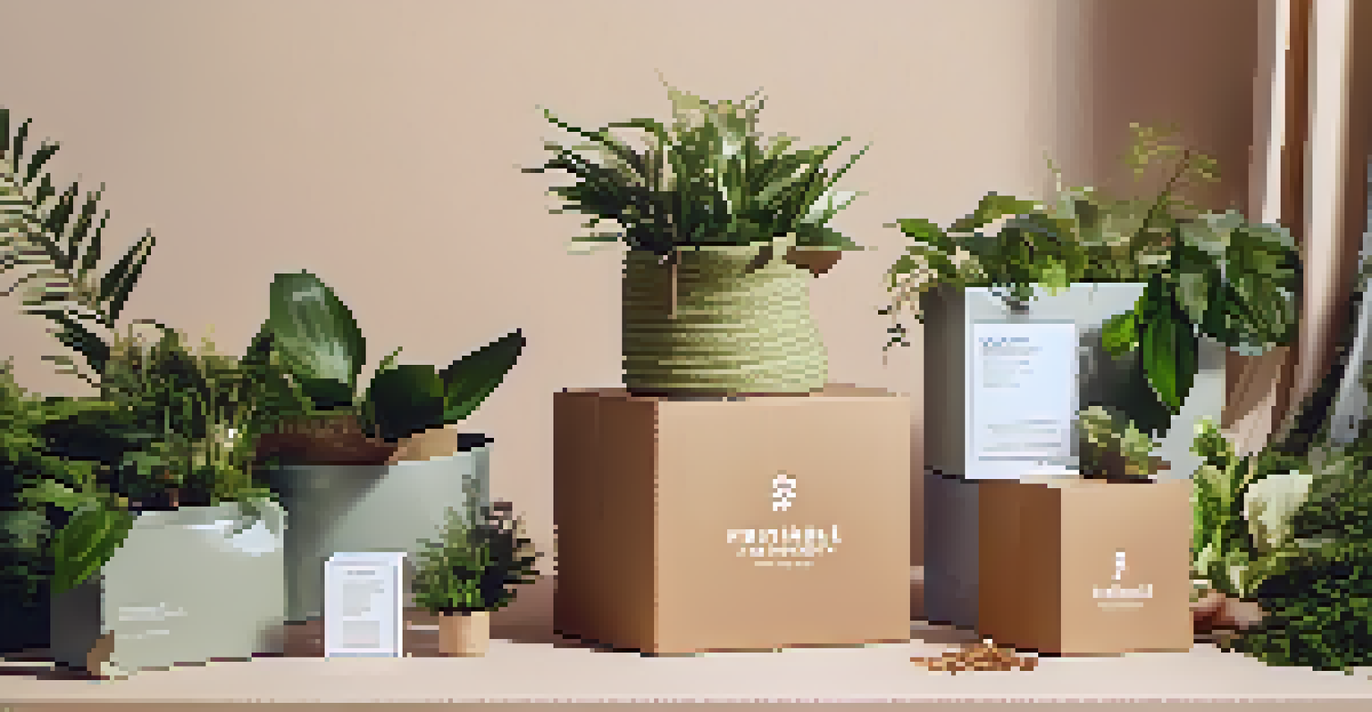 Eco-friendly fashion packaging displayed with plants and recycled materials, highlighting sustainability in fashion e-commerce.