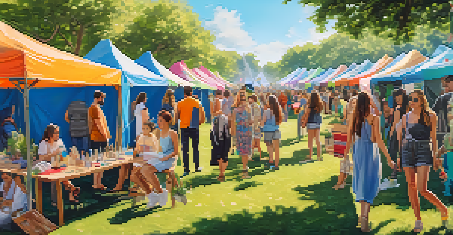 A lively outdoor DIY fashion event in a park, featuring colorful tents and people showcasing handmade clothing under a bright blue sky.