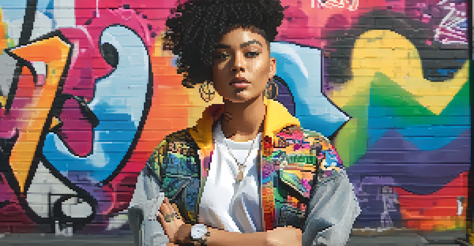 An LGBTQ+ influencer in streetwear standing in front of colorful graffiti art, posing confidently.