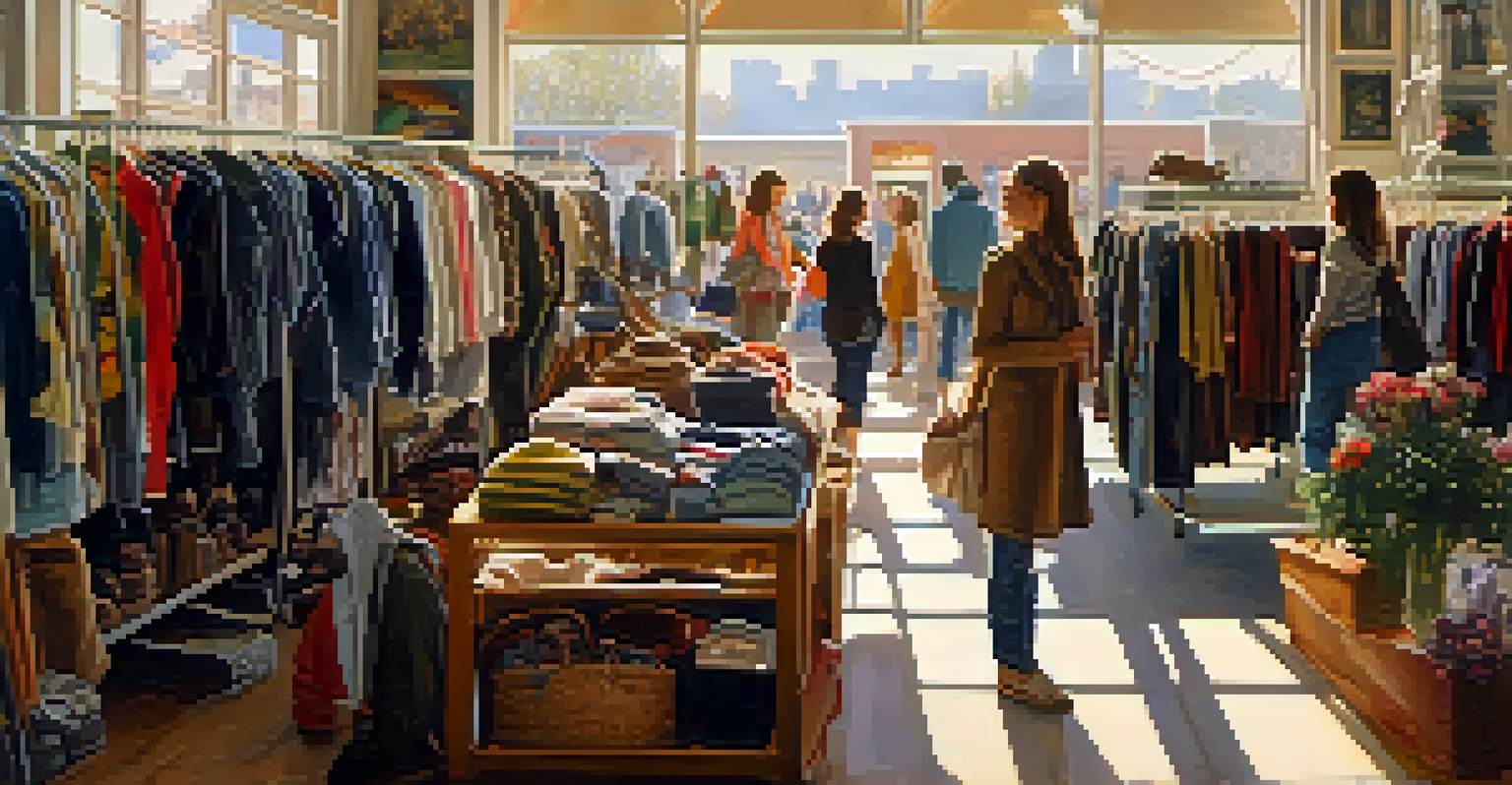 A warm and inviting thrift store with racks of second-hand clothing, shoppers browsing through unique garments and accessories.