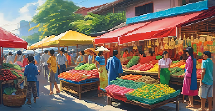 A lively street market in Southeast Asia filled with colorful fashion stalls and shoppers interacting under bright sunlight.