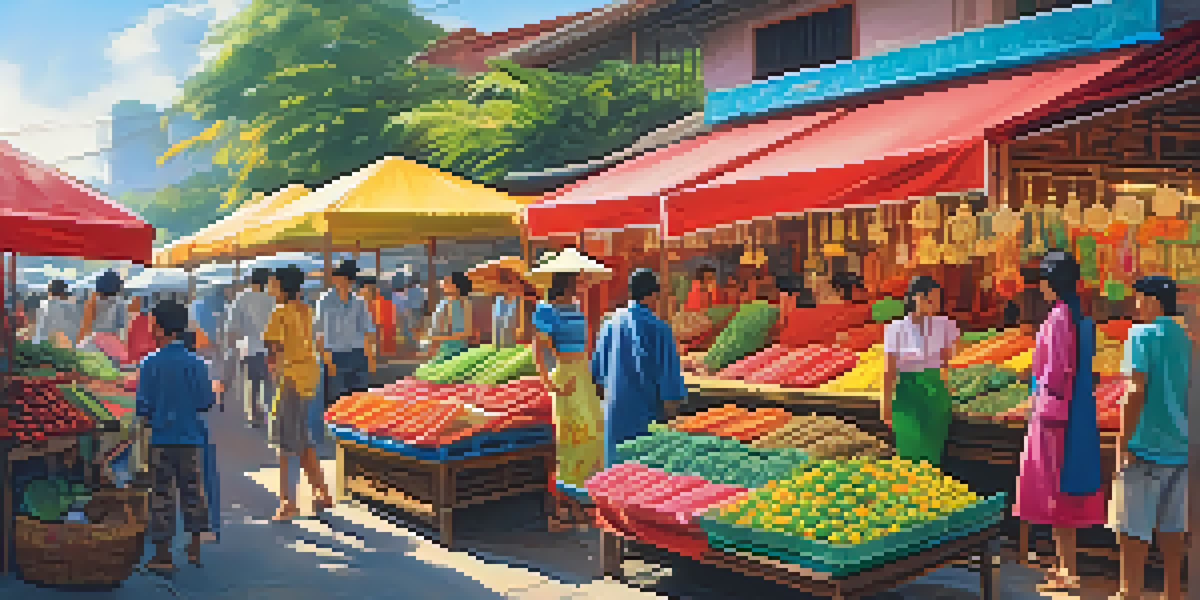 A lively street market in Southeast Asia filled with colorful fashion stalls and shoppers interacting under bright sunlight.