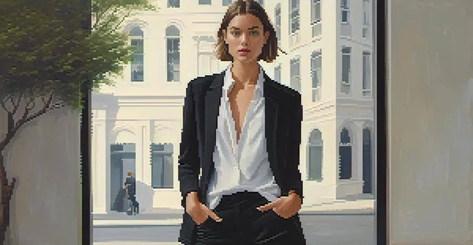 A model dressed in a tailored black blazer, white shirt, and high-quality denim stands in an urban setting with greenery, emphasizing minimalist fashion.