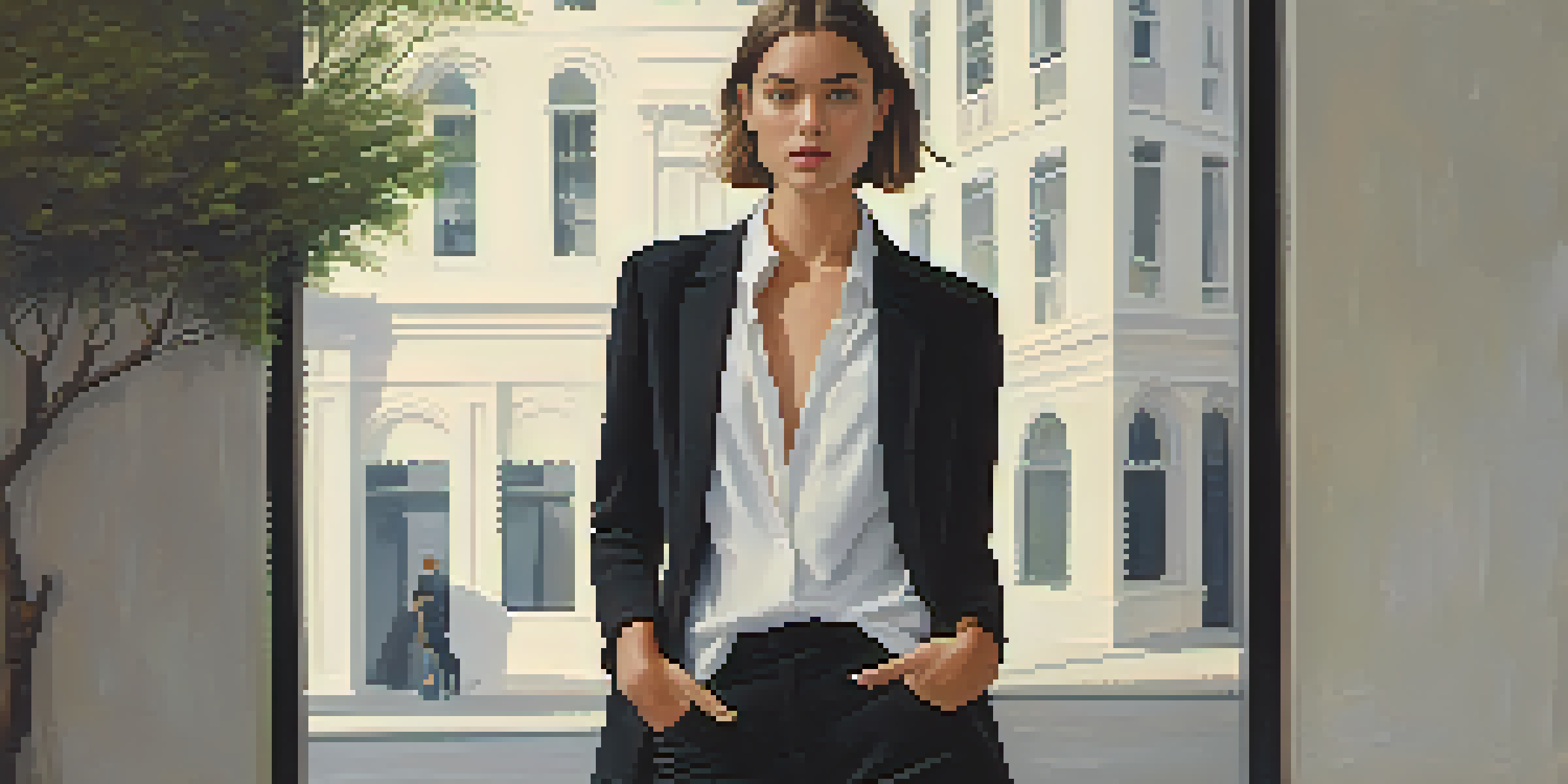 A model dressed in a tailored black blazer, white shirt, and high-quality denim stands in an urban setting with greenery, emphasizing minimalist fashion.