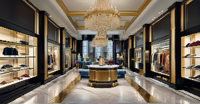 A luxurious retail store interior with designer handbags and bespoke clothing, elegantly lit and featuring polished marble floors and plush seating.