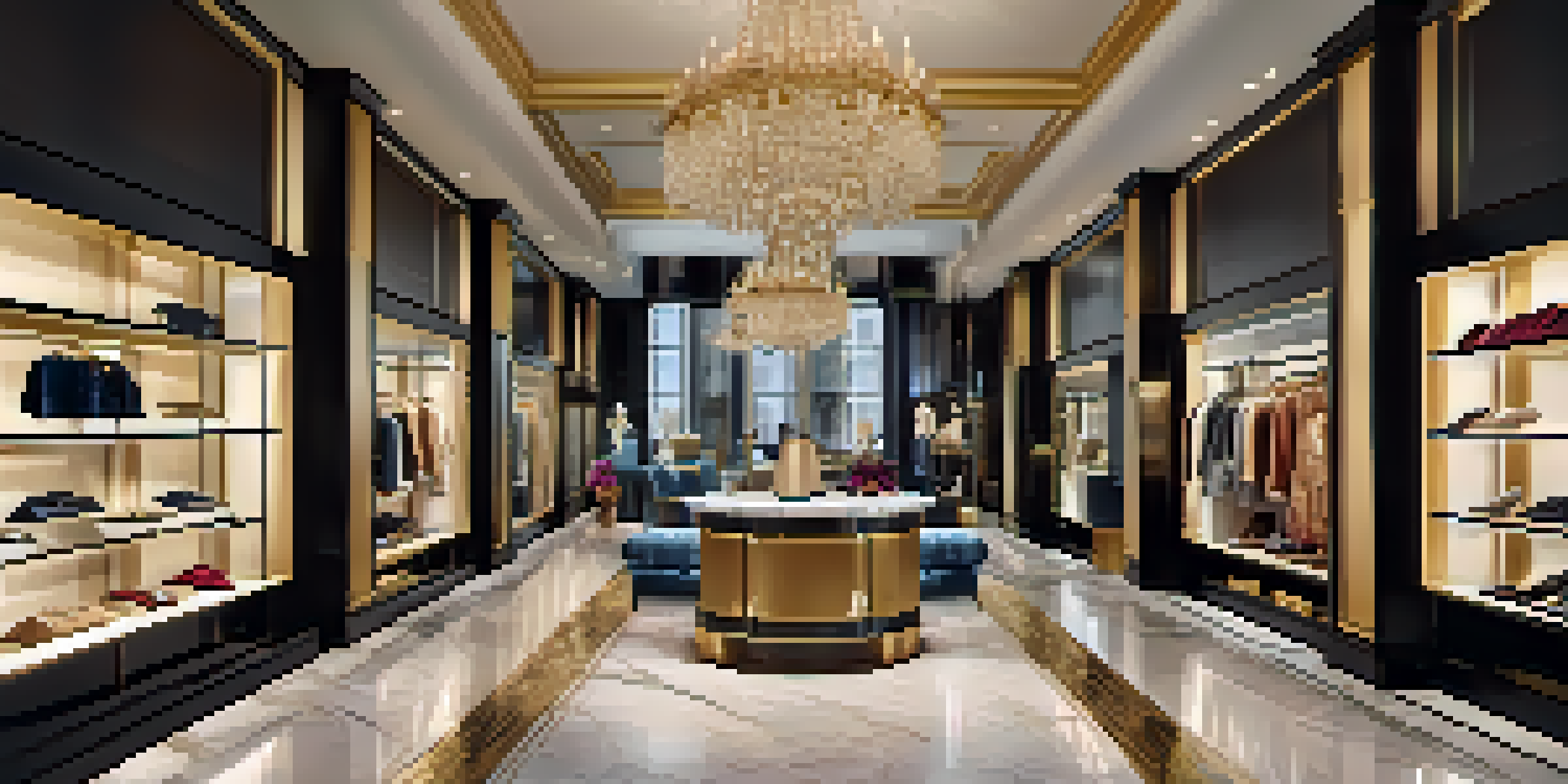 A luxurious retail store interior with designer handbags and bespoke clothing, elegantly lit and featuring polished marble floors and plush seating.