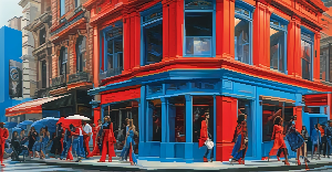 A lively urban scene with models wearing a mix of luxury and street fashion, showcasing vibrant colors and textures under soft natural light.